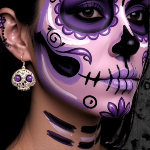 Elegant Silver Filigree Skull Earrings with Purple Pearl Eyes