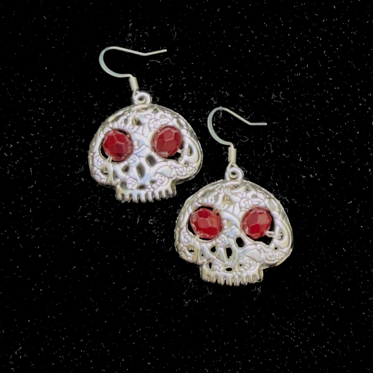 Handmade Elegant Silver Filigree Skull Earrings with Wire Wrapped Blood Red Glass Bead Eyes
