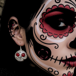 Handmade Elegant Silver Filigree Skull Earrings with Wire Wrapped Blood Red Glass Bead Eyes