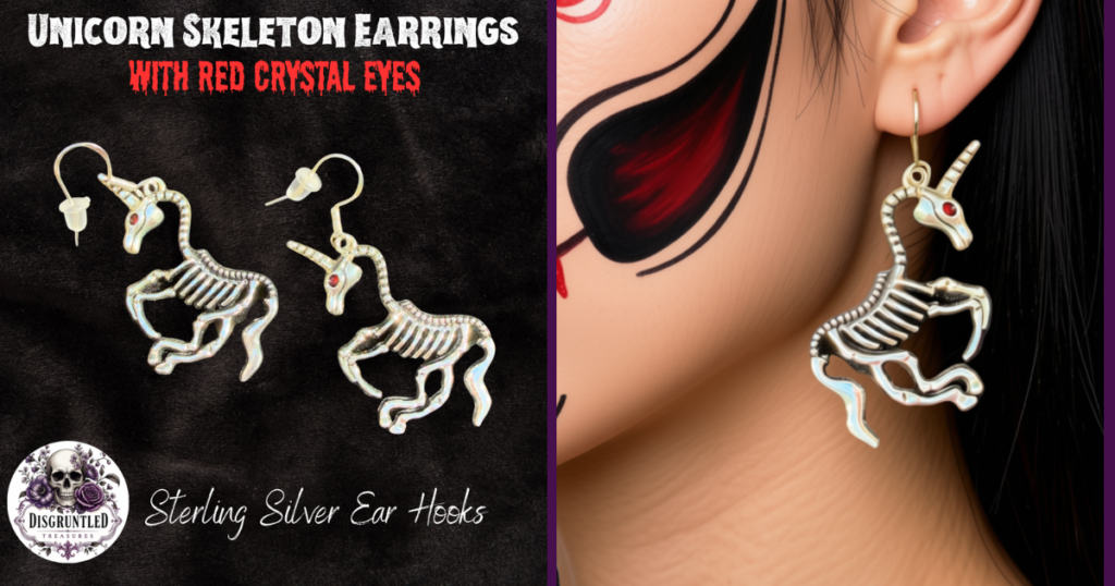 Young woman in red & black sugar skull make up wearing silver unicorn skeleton earrings