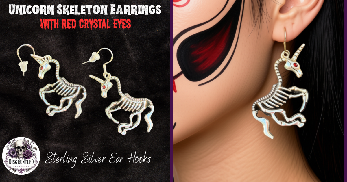 Young woman in red & black sugar skull make up wearing silver unicorn skeleton earrings