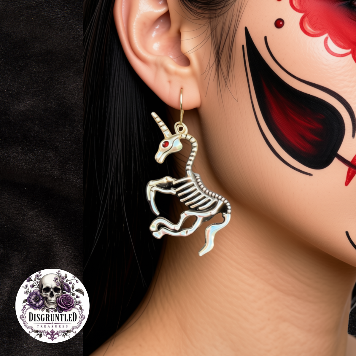 Mythic Macabre: Unicorn Skeleton Earrings | Red Crystal Eyes